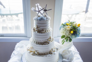 A cake at a wedding reception taking place in Cape Cod.