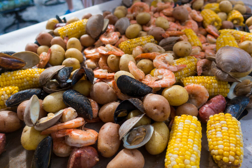 The ingredients part of a New England clambake.
