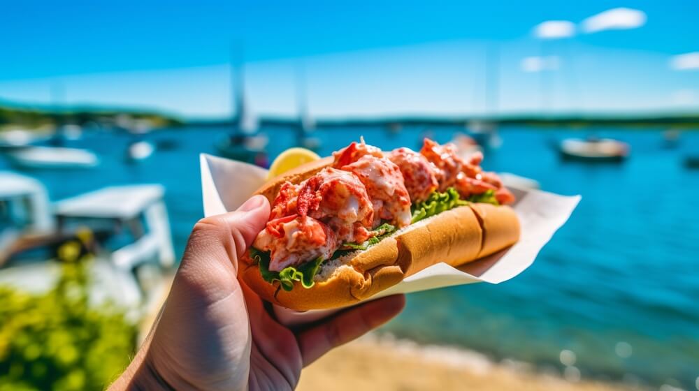 A person holding a lobster roll from one of the best spots to get one on Cape Cod.