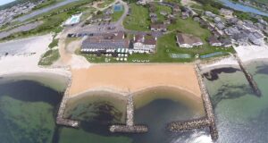 An aerial view of a West Dennis resort, home to one of the best beaches on Cape Cod.