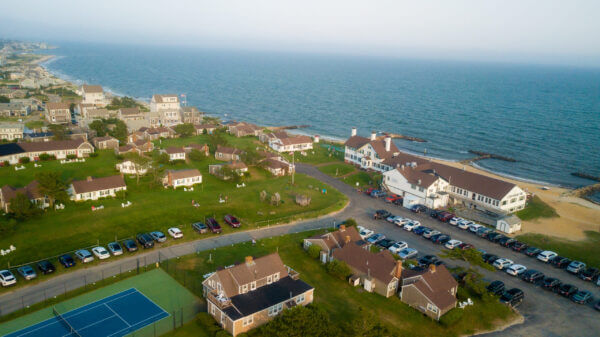 An aerial view of a Cape Cod resort with an array of lodging.